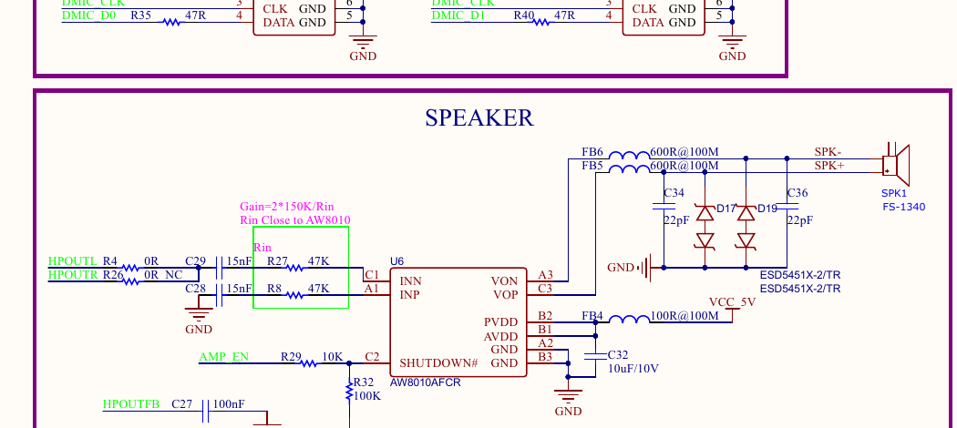 AW8010:HPOUT 入、AMP_EN 使能、差分出到板载喇叭